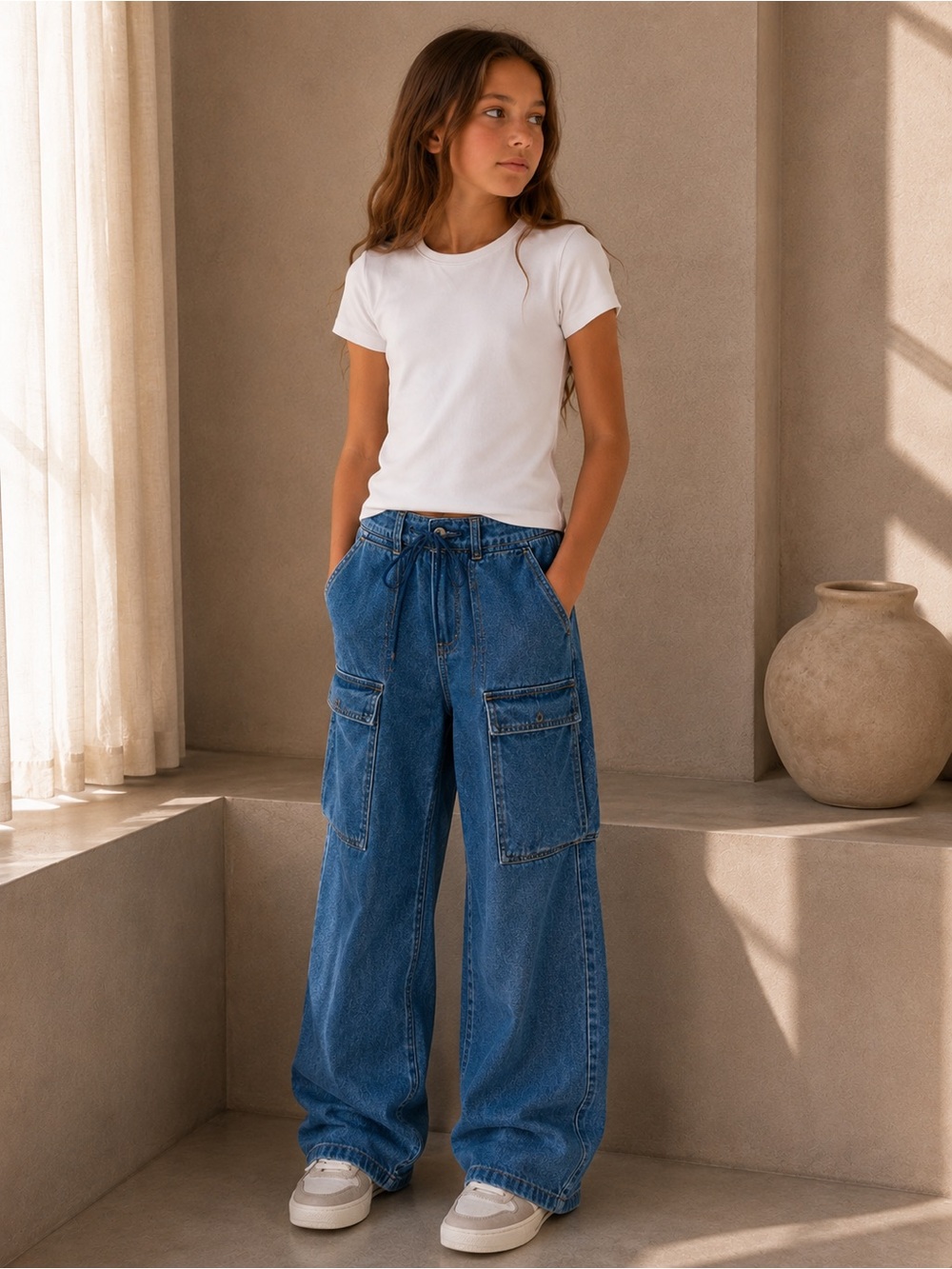 Tractr Pull Tab Barrel Cargo Jeans Blue Denim Girls Size 12 Adjustable -FLAWED